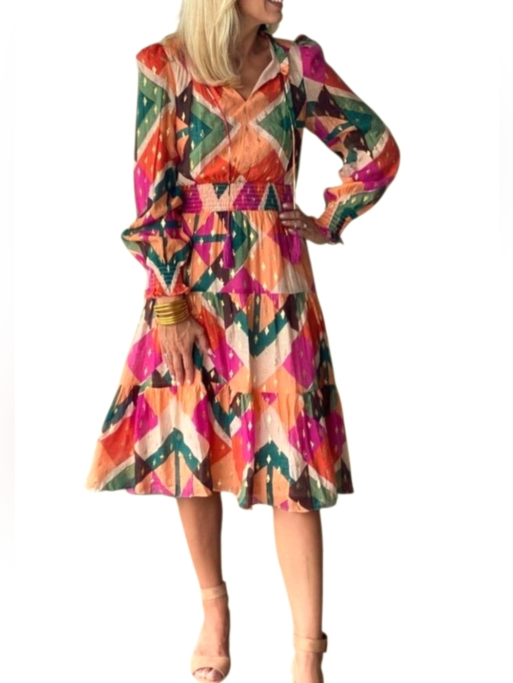 Johnny Was Jade Multicolor Geo Print Tiered Midi Dress Sz Med